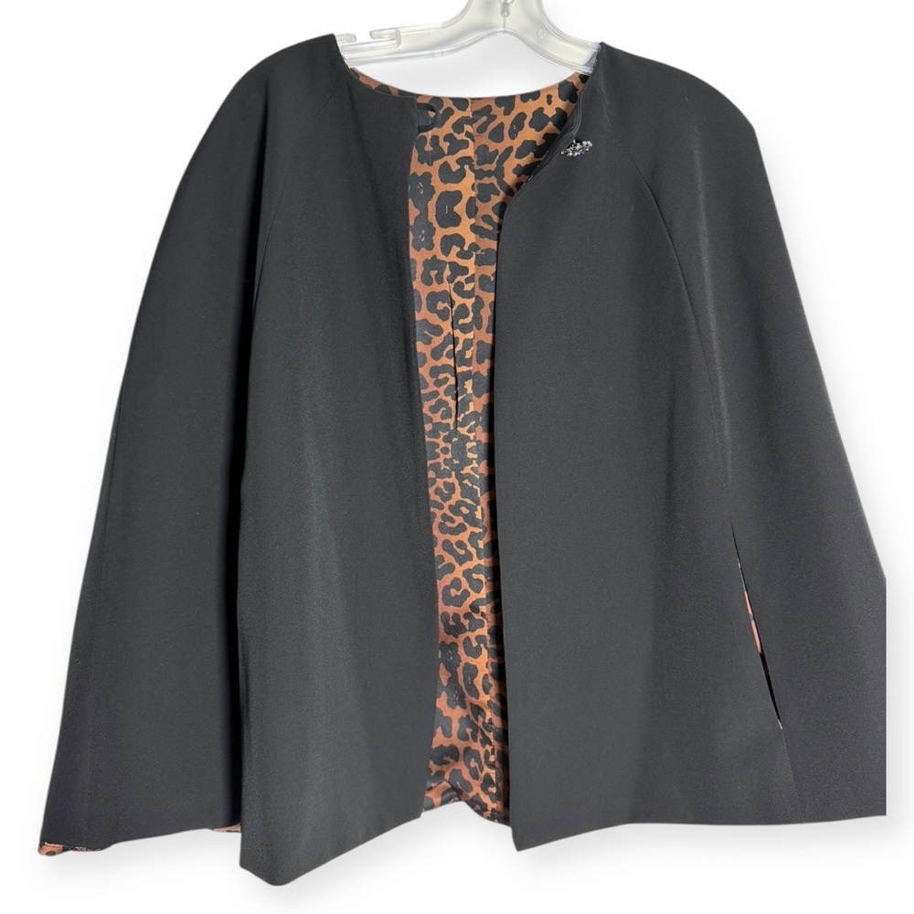 Black Cape Blazer Leopard Lining - Elegant and Sophisticated Night Out - Size XL